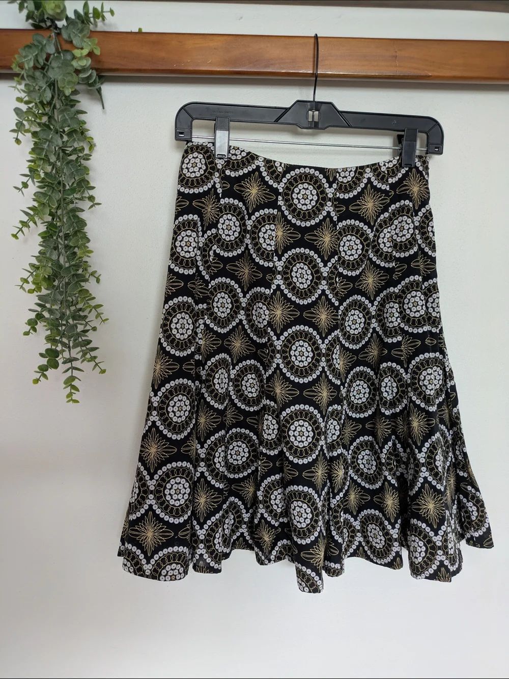 Black Patterned A-Line Skirt with Gold Accents